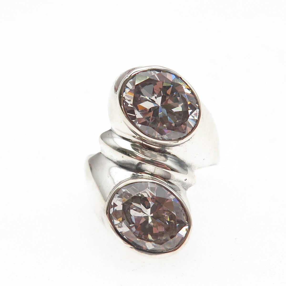 925 Sterling Silver Vintage Mexico Oval-Cut C Z Modernist Bypass Ring Size 8