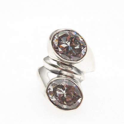 925 Sterling Silver Vintage Mexico Oval-Cut C Z Modernist Bypass Ring Size 8