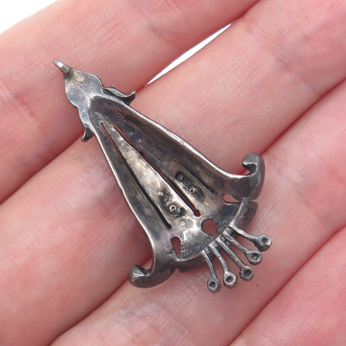 925 Sterling Silver Antique Real Marcasite Bellflower Pendant (missing 3 stones)