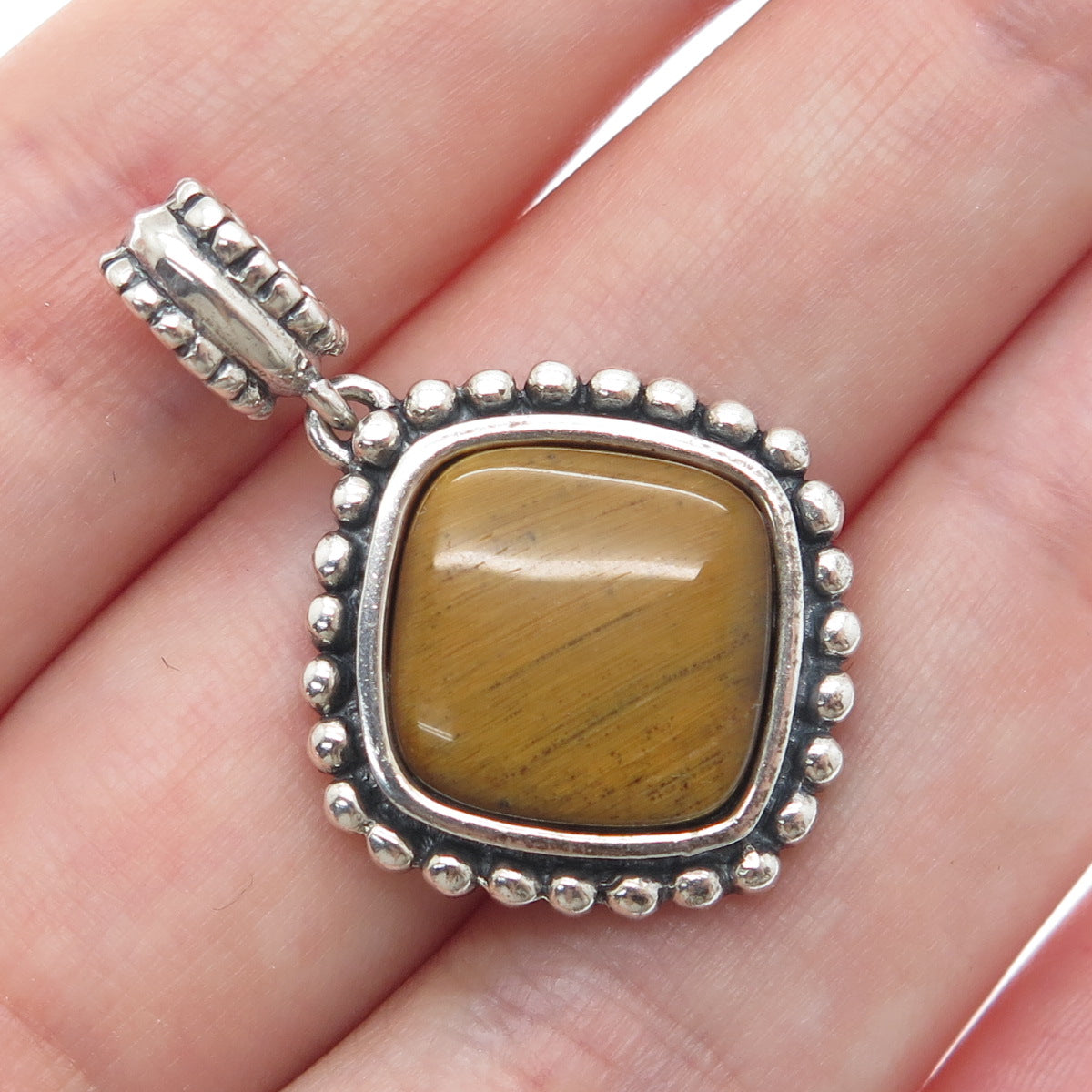 925 Sterling Silver Vintage Real Tiger Eye Beaded Dangle Charm Pendant