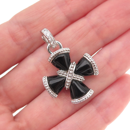 Judith Ripka 925 Sterling Silver Real Black Onyx & C Z Cross Charm Pendant