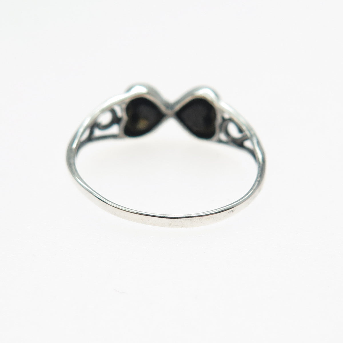 925 Sterling Silver Vintage Real Black Onyx Double Heart Spiral Ring Size 7.5