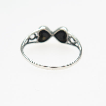 925 Sterling Silver Vintage Real Black Onyx Double Heart Spiral Ring Size 7.5