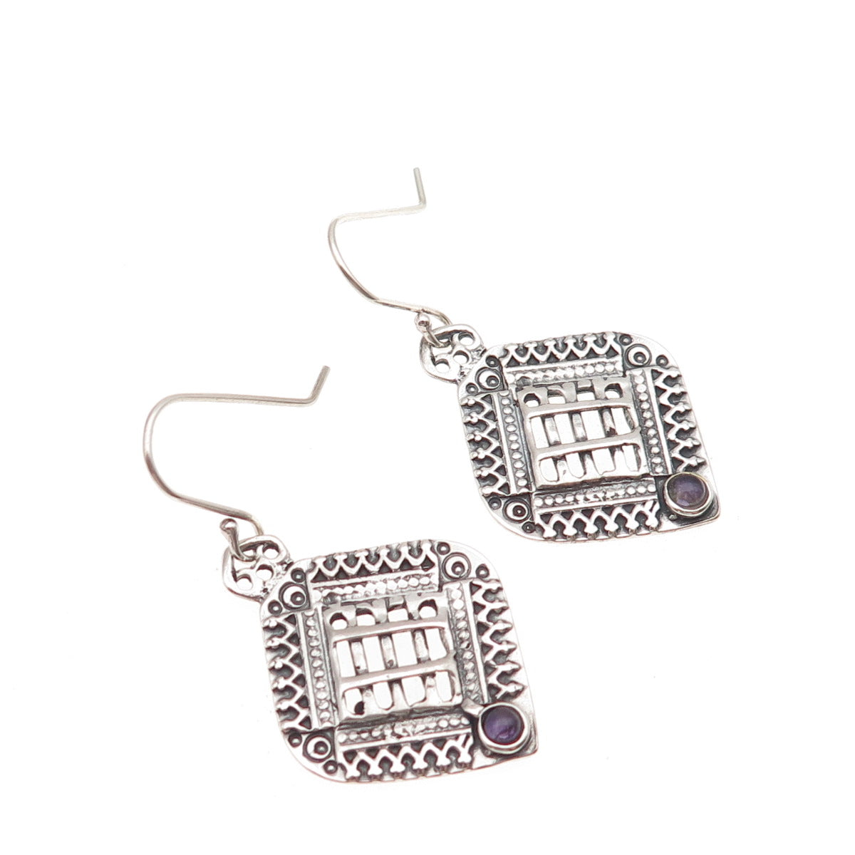 925 Sterling Silver Vintage Real Amethyst Modernist Oxidized Dangle Earrings