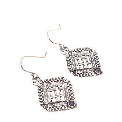 925 Sterling Silver Vintage Real Amethyst Modernist Oxidized Dangle Earrings