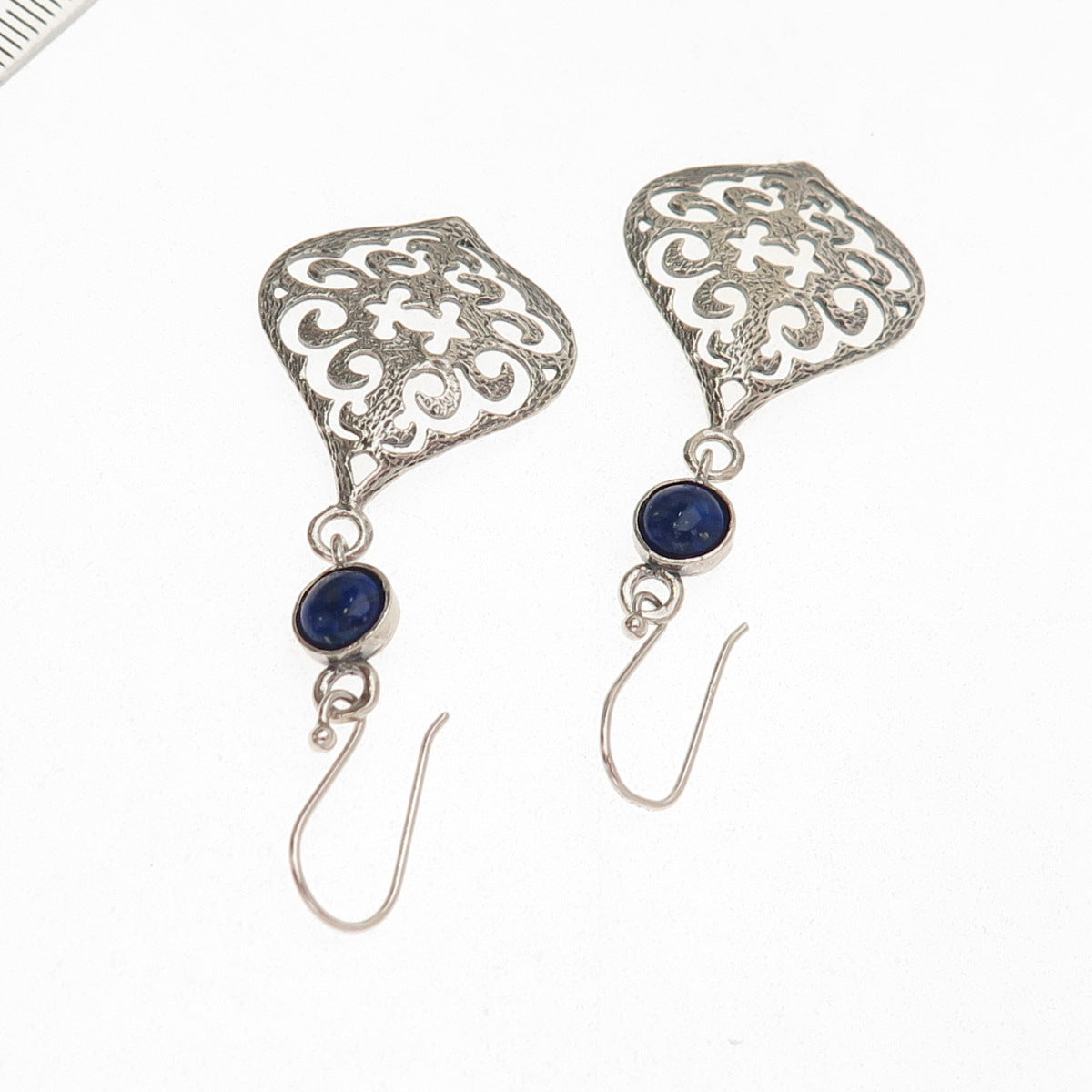 925 Sterling Silver Vintage Real Lapis Lazuli Ornate Dangle Earrings