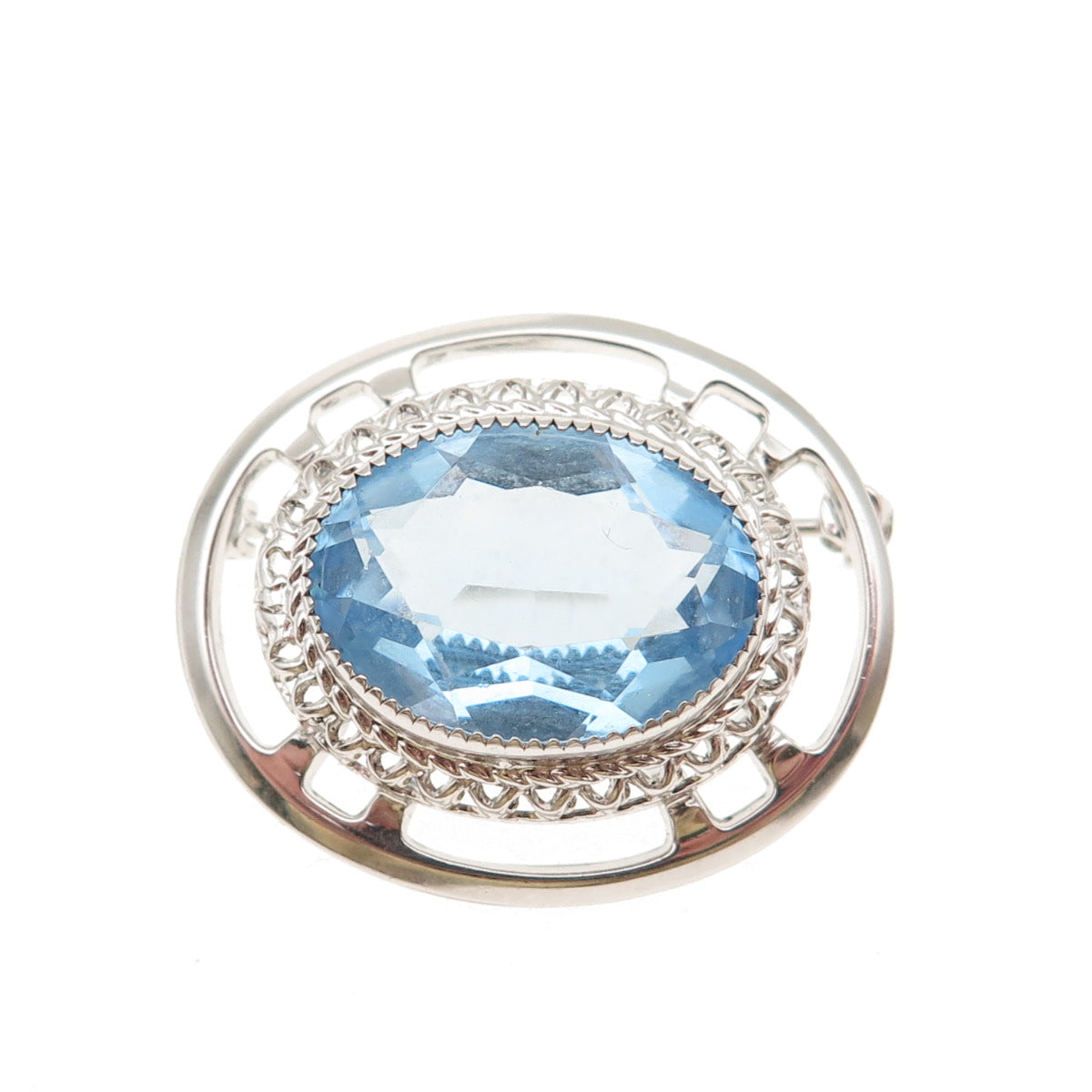 DANECRAFT 925 Sterling Silver Antique Art Deco Oval-Cut Blue Crystal Pin Brooch
