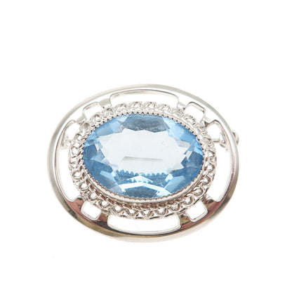 DANECRAFT 925 Sterling Silver Antique Art Deco Oval-Cut Blue Crystal Pin Brooch