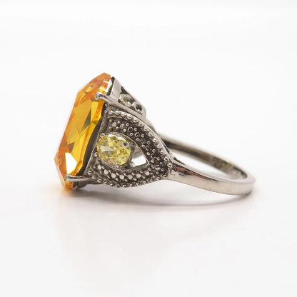 925 Sterling Silver Vintage Imperial Rhinestone & Yellow C Z Ring Size 7
