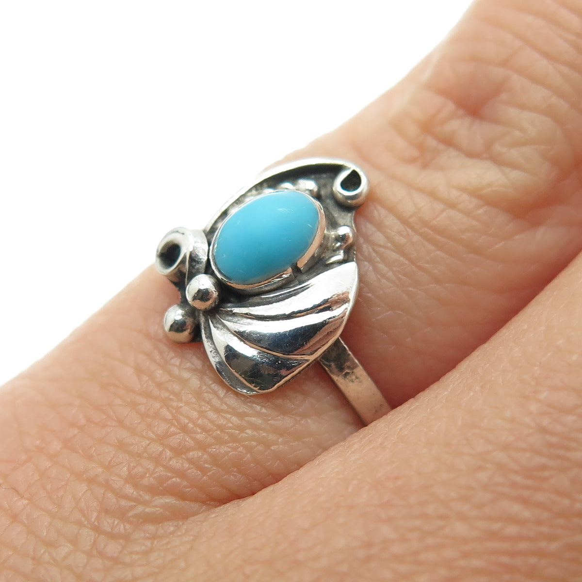 Old Pawn 925 Sterling Silver Vintage Southwestern Turquoise Gem Ring Size 4.75