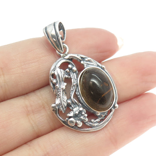 925 Sterling Silver Vintage Real Dark Amber Floral Leaf Pendant