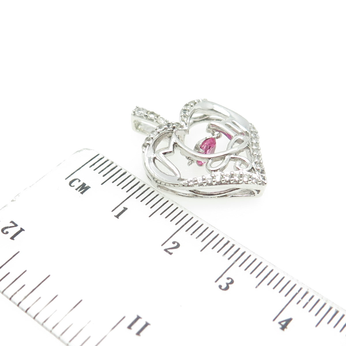 925 Sterling Silver Lab-Created Pink Sapphire & White Topaz "MOM" Heart Pendant