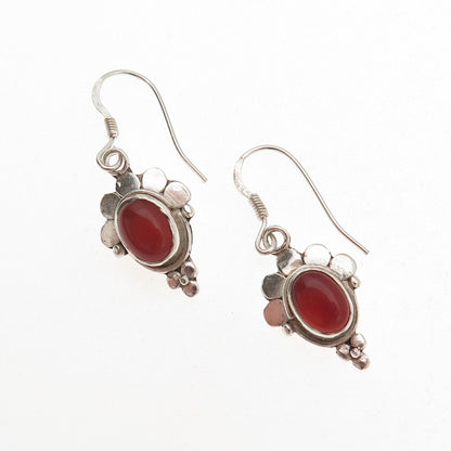 925 Sterling Silver Vintage Real Carnelian Modernist Oxidized Dangle Earrings