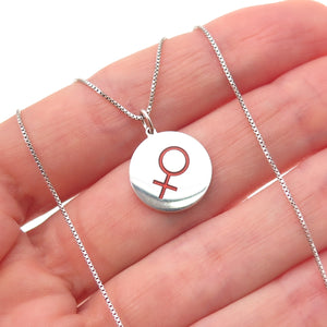 925 Sterling Silver Red Enamel Female Symbol Box Chain Necklace 18"