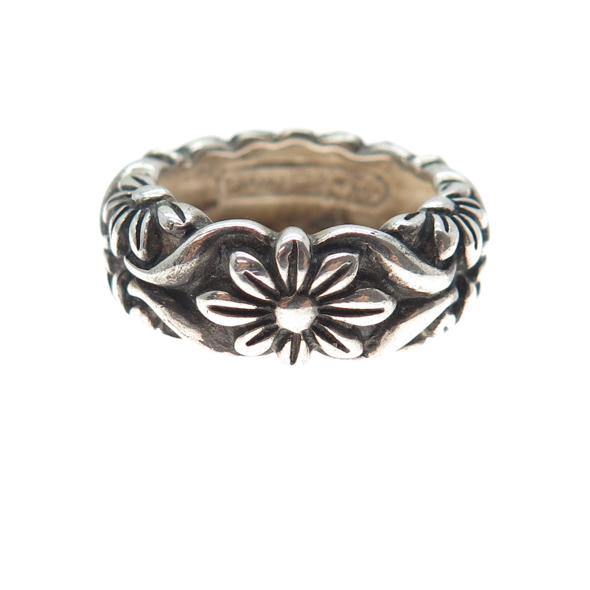 925 Sterling Silver Vintage Flower Oxidized Band Ring Size 8.25