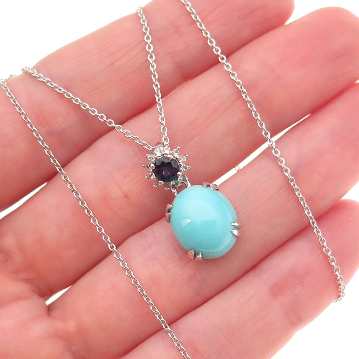 925 Sterling Silver Real Turquoise Iolite & White Topaz Cable Chain Necklace 18"