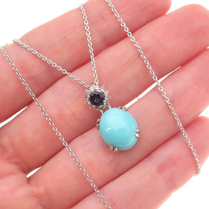 925 Sterling Silver Real Turquoise Iolite & White Topaz Cable Chain Necklace 18"