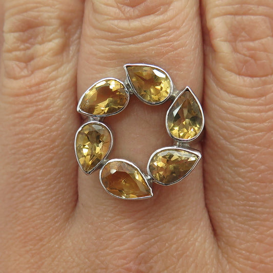 925 Sterling Silver Real Pear-Cut Citrine Gemstone Modernist Ring Size 7