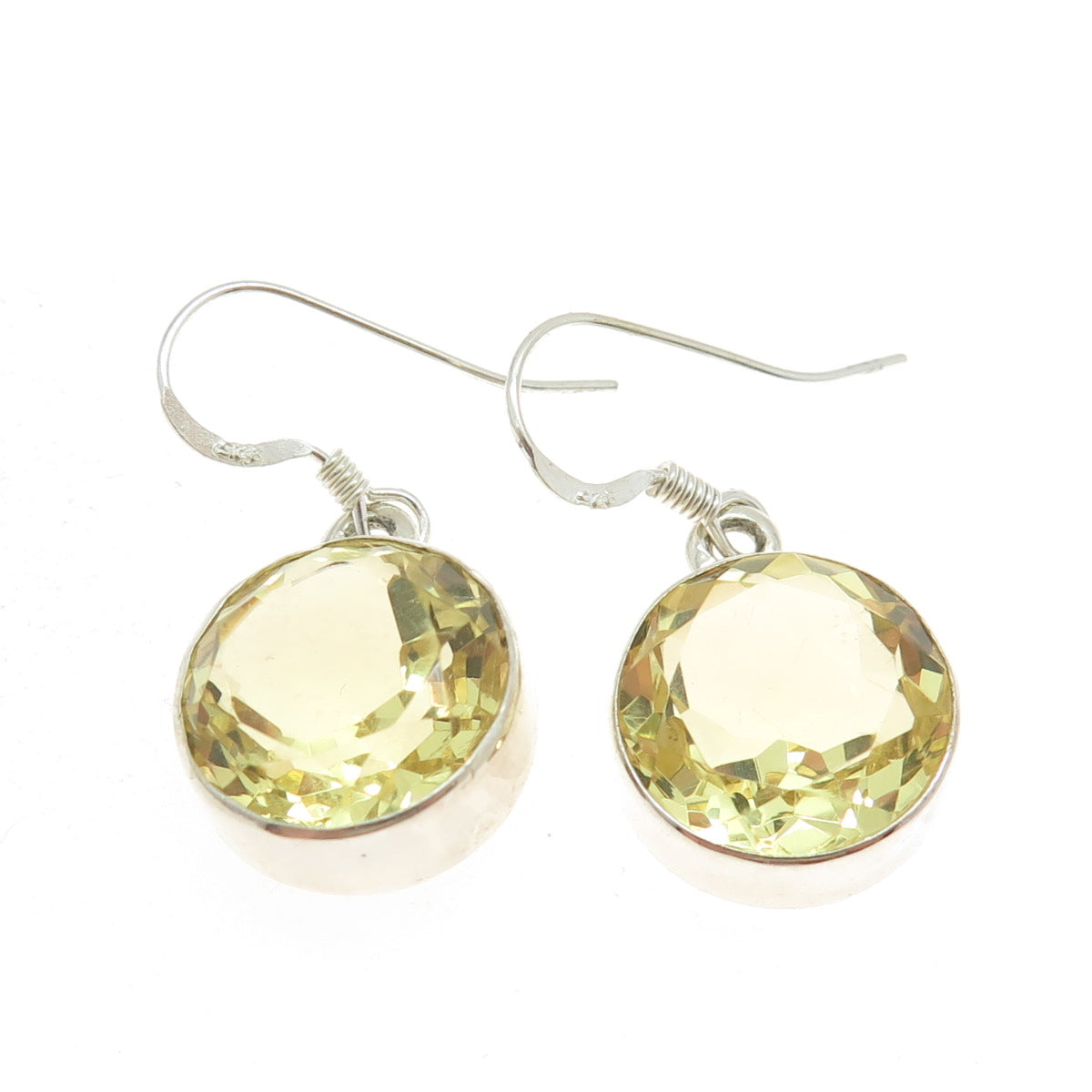 925 Sterling Silver Vintage Real Round-Cut Citrine Dangling Earrings