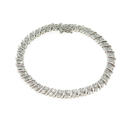 925 Sterling Silver Real Round-Cut Diamond Wavy Tennis Link Bracelet 7.25"