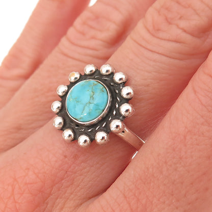 Old Pawn Sterling Silver Vintage Southwestern Turquoise Sun Beaded Ring Size 7