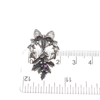 FRANKLIN MINT 925 Sterling Silver Vintage 1982 Real Ruby Holly Bow Slide Pendant