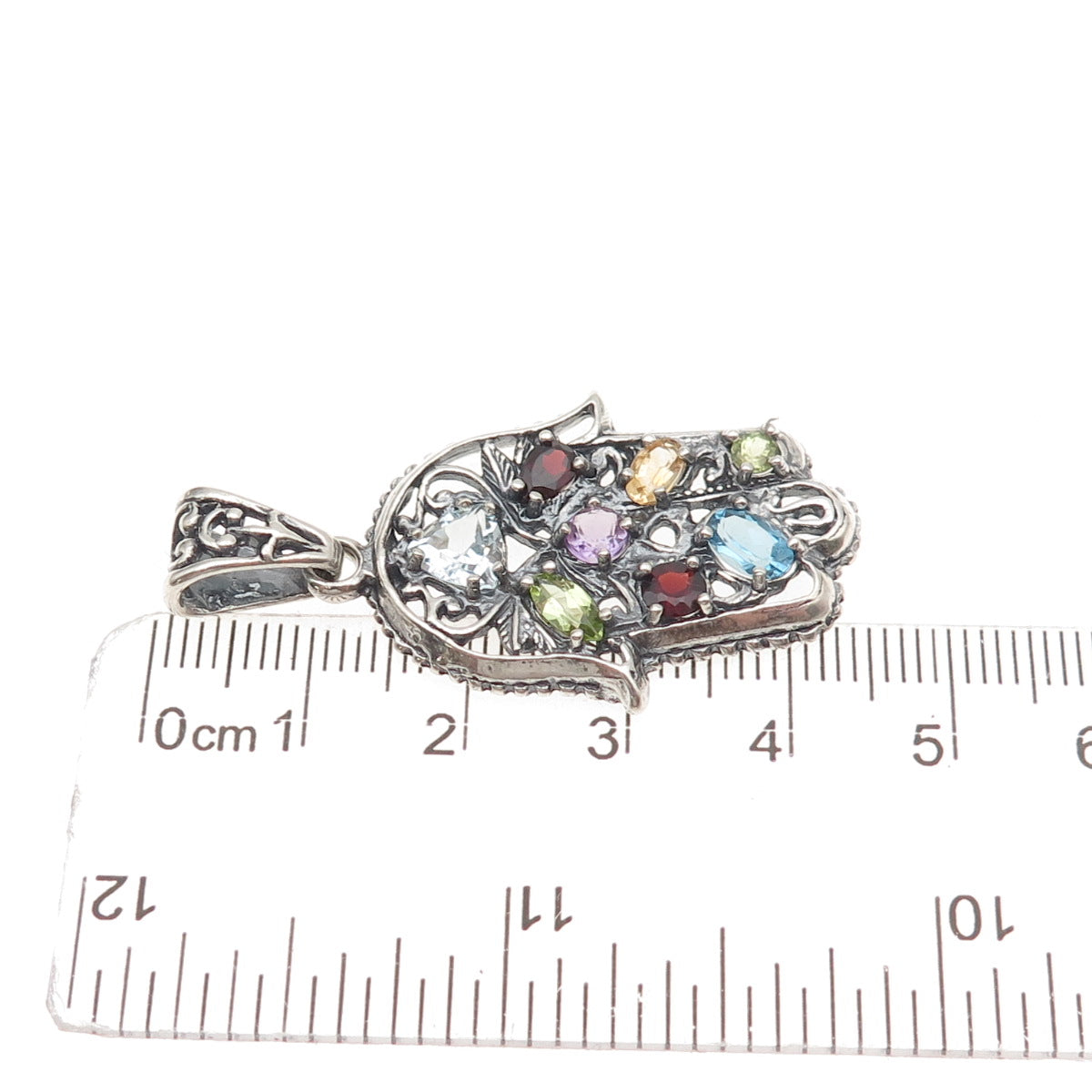 Didae 925 Sterling Silver Vintage Real Multi-Gem Hamsa Amulet Charm Pendant