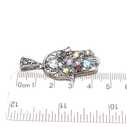 Didae 925 Sterling Silver Vintage Real Multi-Gem Hamsa Amulet Charm Pendant