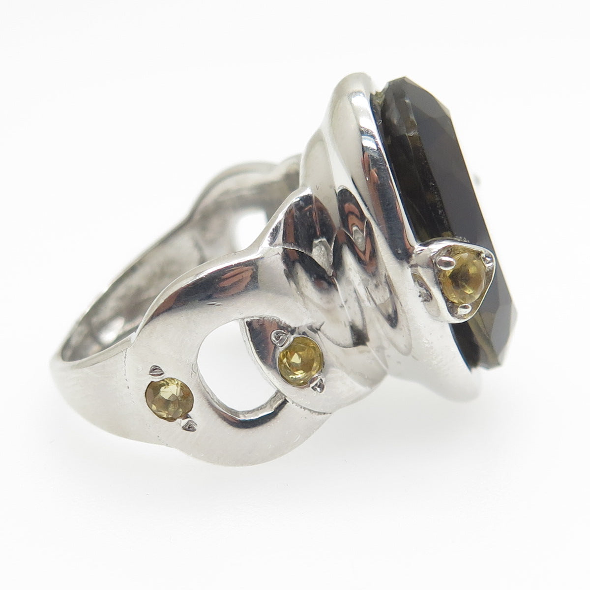 925 Sterling Silver Real Oval-Cut Smoky Quartz & Citrine Ring Size 7