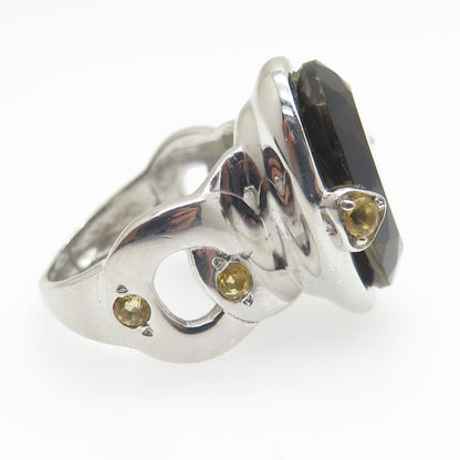 925 Sterling Silver Real Oval-Cut Smoky Quartz & Citrine Ring Size 7