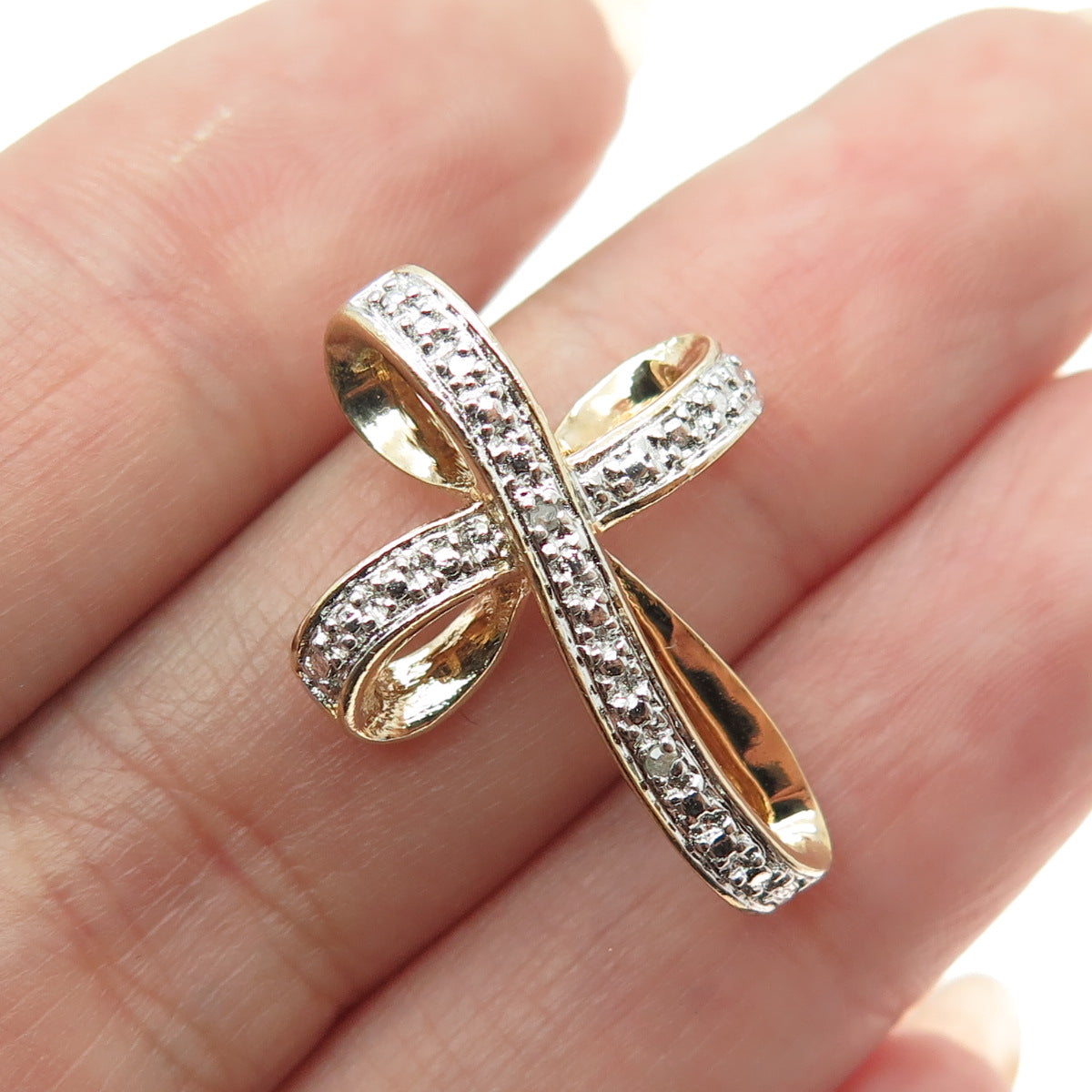 ROSS SIMONS 925 Sterling Silver 2-Tone Real White Diamond Accent Cross Pendant