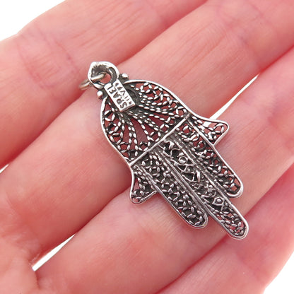 925 Sterling Silver Vintage Israel Hamsa Amulet Filigree Charm Pendant