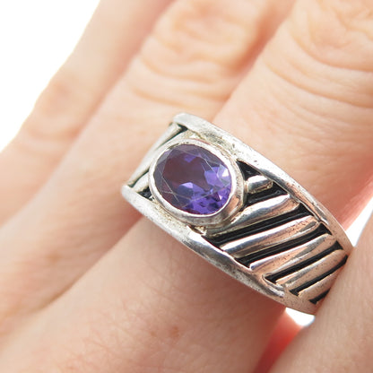 925 Sterling Silver Vintage Real Oval-Cut Amethyst Ribbed Ring Size 7.25