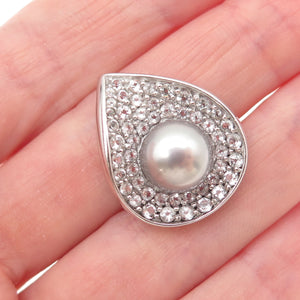 925 Sterling Silver Real Pearl & White Topaz Teardrop Slide Charm Pendant