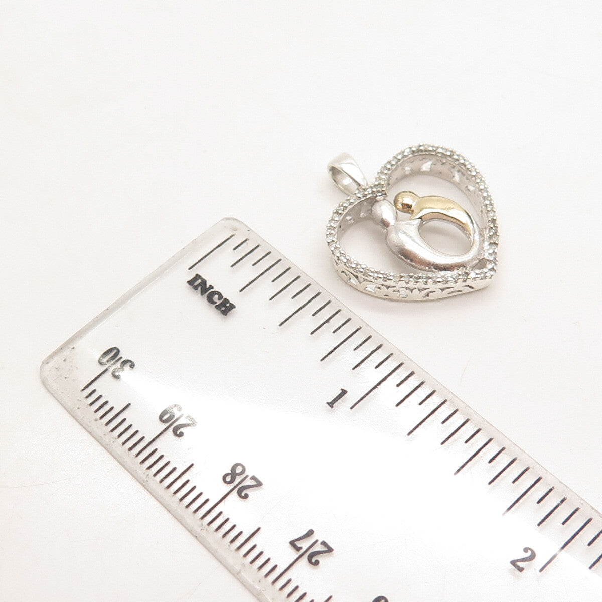 925 Sterling Silver / 10K Gold Real Diamond Mother & Baby Heart Pendant