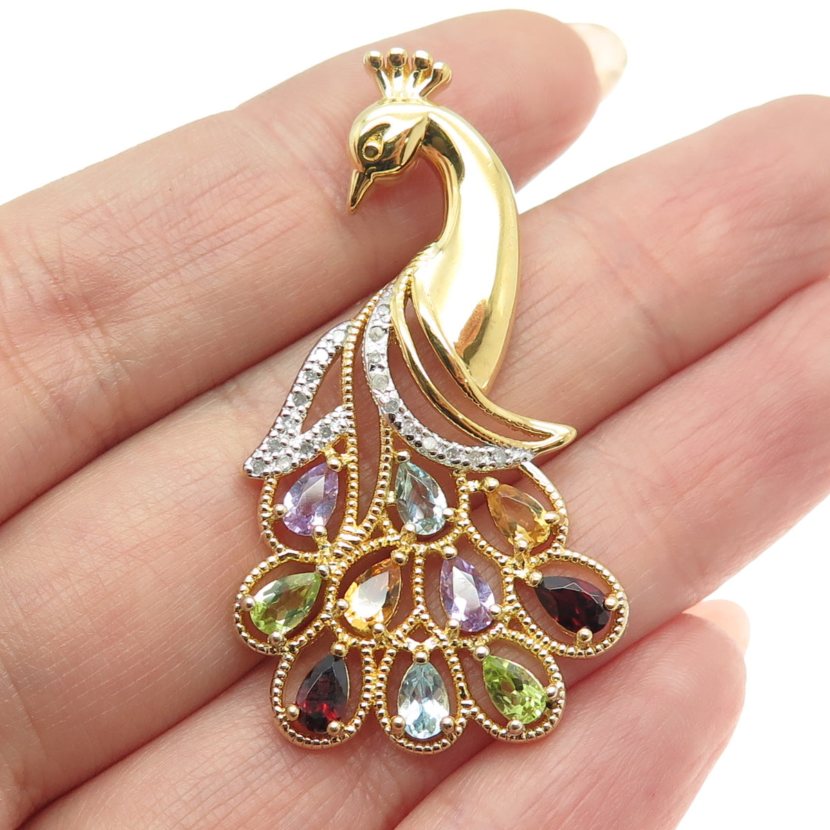 CHARLES WINSTON Sterling Gold Plated Diamond & Multi-Gem Peacock Slide Pendant