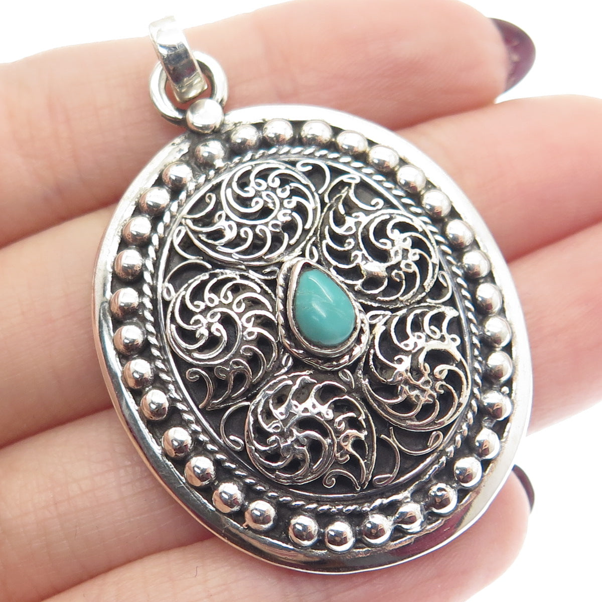 925 Sterling Silver Vintage Real Turquoise Gemstone Beaded Ornate Pendant