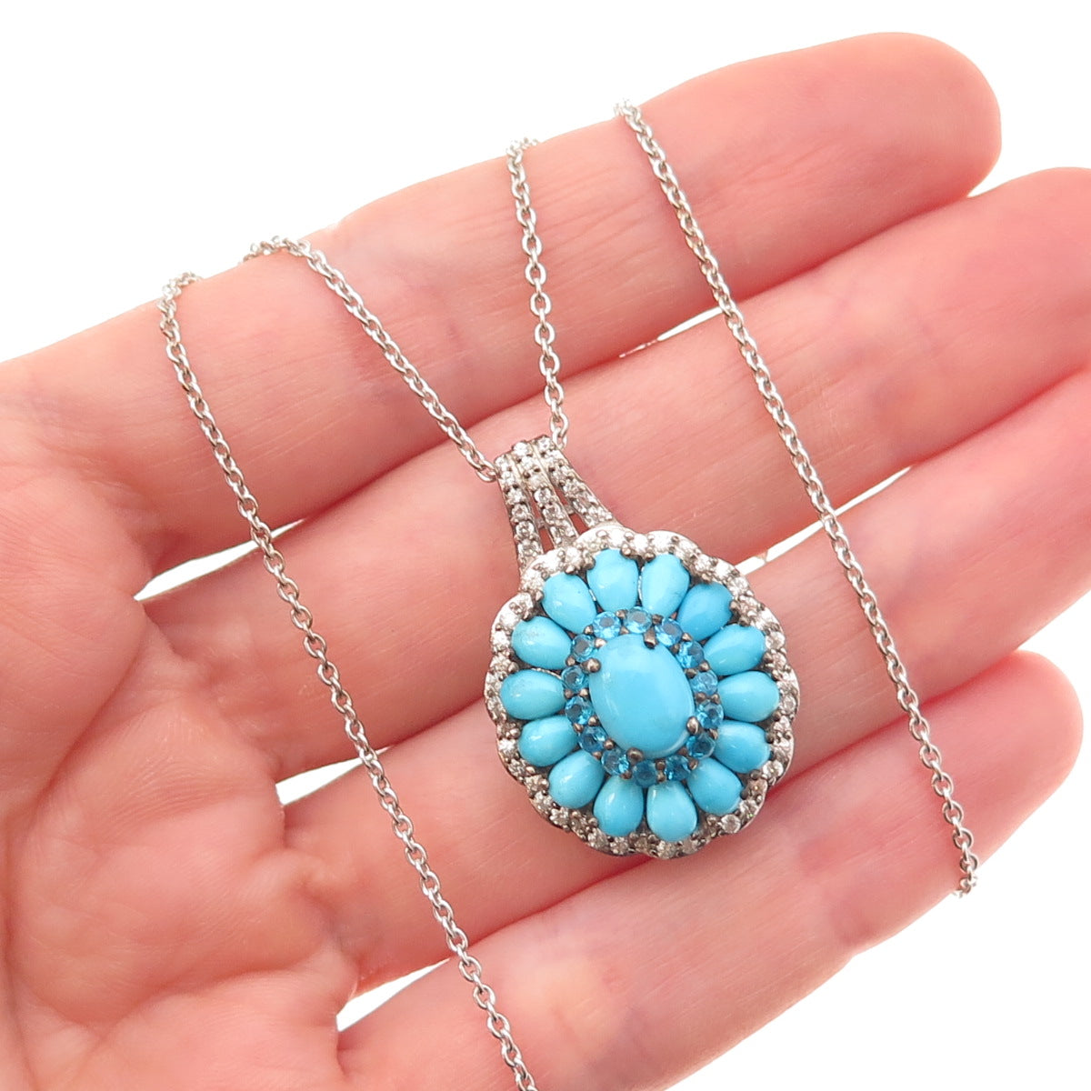 D'Joy 925 Sterling Real Turquoise Apatite & White Topaz Cable Chain Necklace 20"