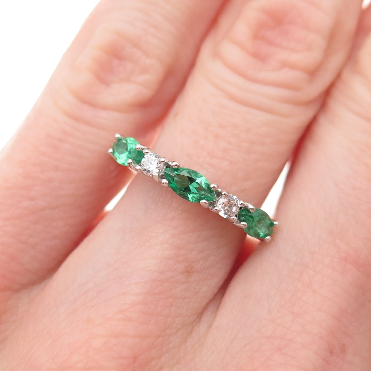 925 Sterling Silver Marquise-Cut Green & Round-Cut White C Z Ring Size 5