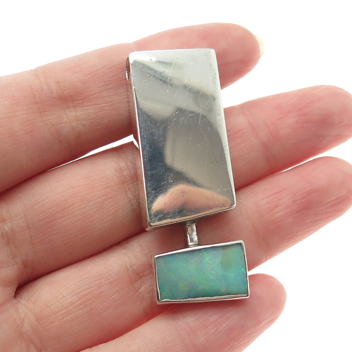 JERAMIE 925 Sterling Silver Vintage Real Opal Modernist Slide Pendant