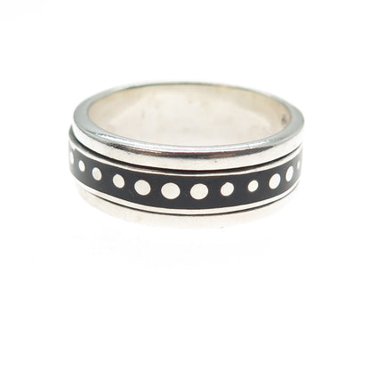 925 Sterling Silver Vintage Mexico Enamel Rotating Dotted Band Ring Size 15