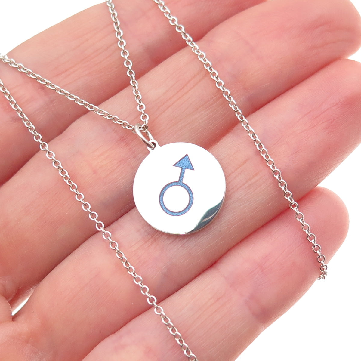 925 Sterling Silver Blue Enamel Male Symbol Round Tag Cable Chain Necklace 18"