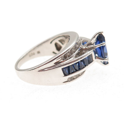 925 Sterling Silver Vintage Lab-Created Sapphire & Real White Topaz Ring Size 7