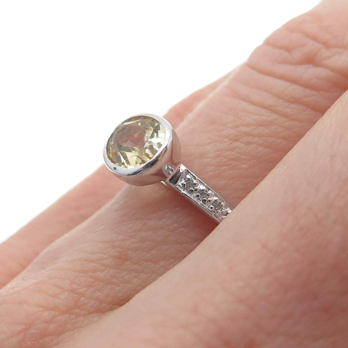 925 Sterling Silver Real Round-Cut Diamond & Oval-Cut Citrine Ring Size 7.25