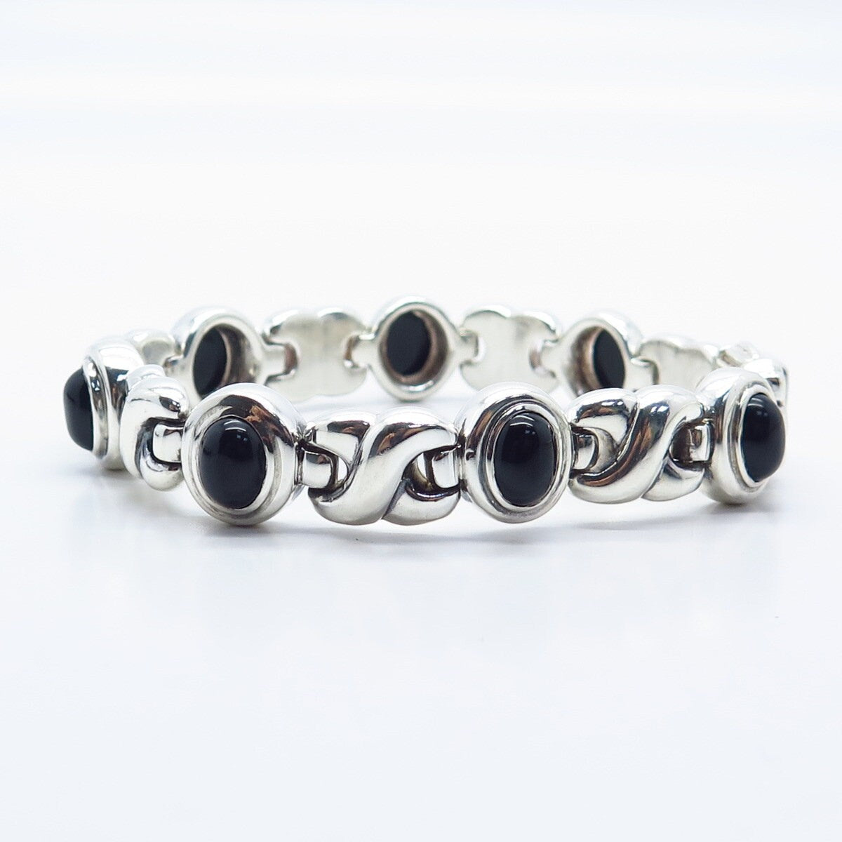 925 Sterling Silver Vintage Italy Real Black Onyx Gem XO Link Bracelet 7.75"