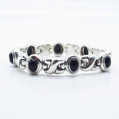 925 Sterling Silver Vintage Italy Real Black Onyx Gem XO Link Bracelet 7.75"