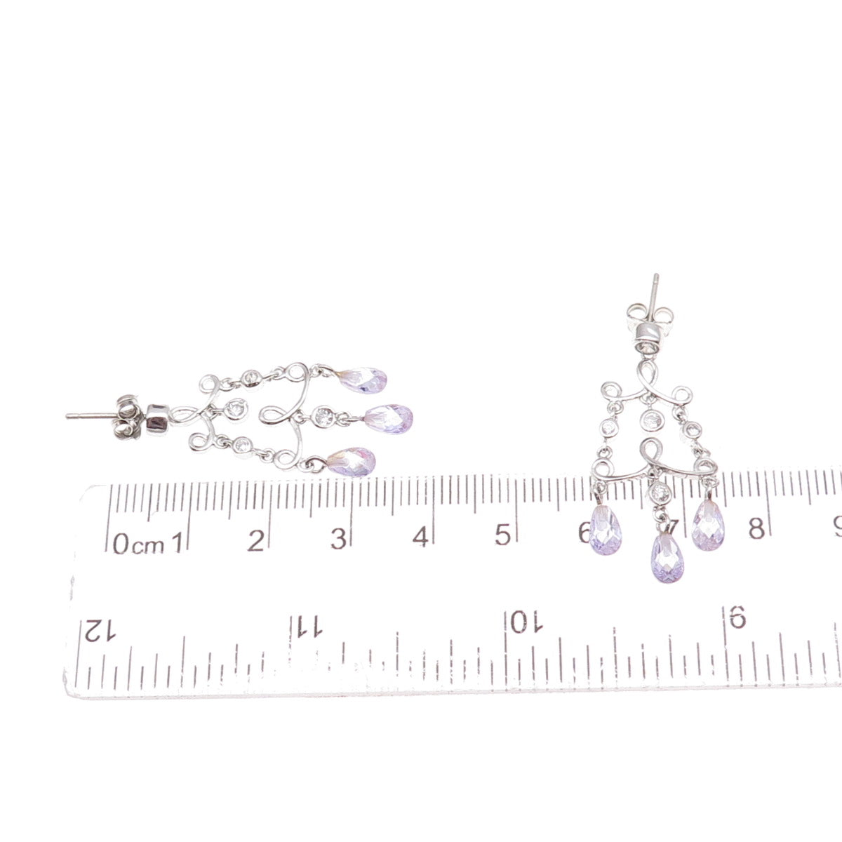 925 Sterling Silver Real Amethyst & C Z Chandelier Dangle Earrings