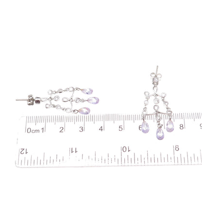 925 Sterling Silver Real Amethyst & C Z Chandelier Dangle Earrings