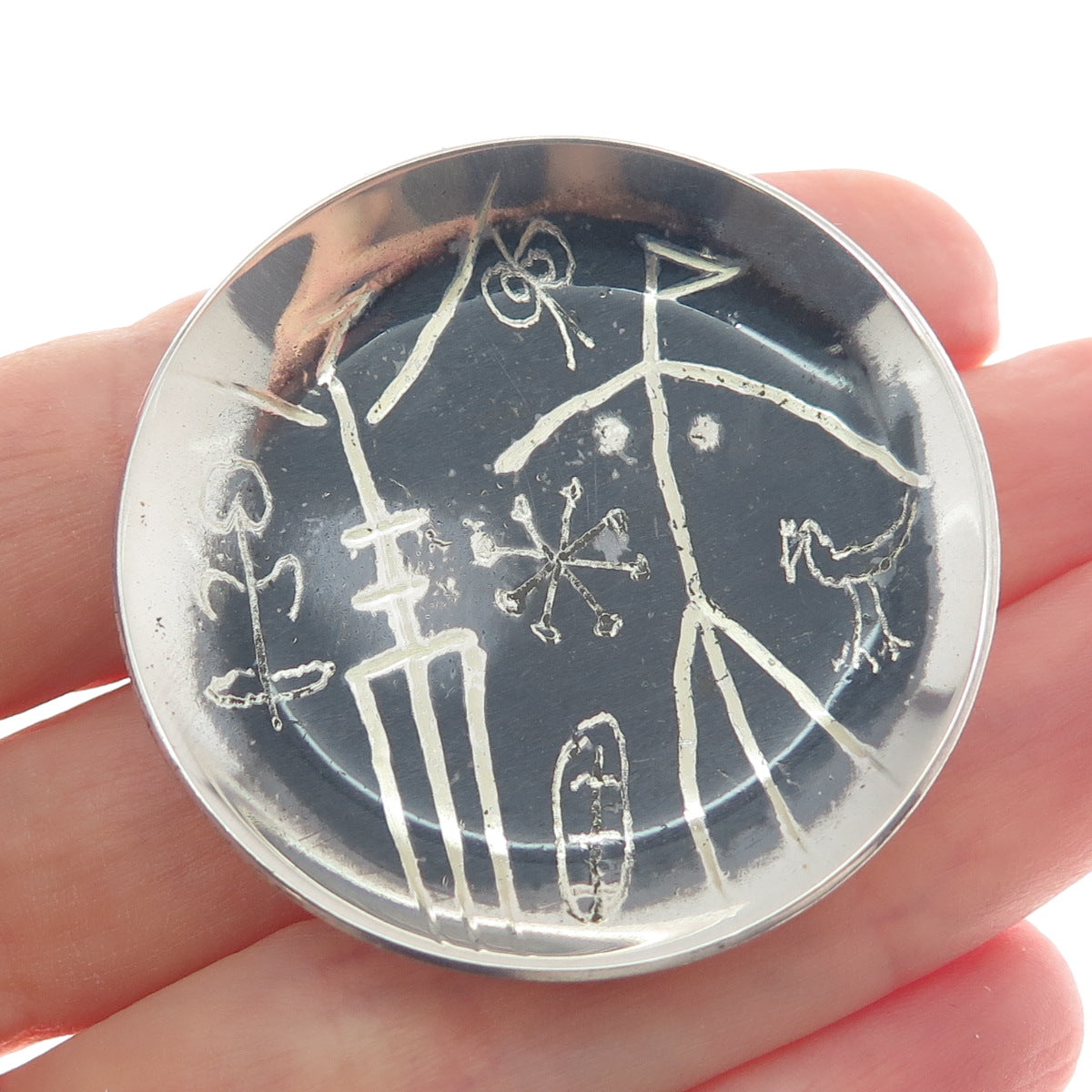 ED LEVIN 925 Sterling Silver Vintage Tribal Cave Painting Oxidized Pin Brooch