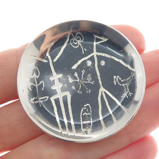 ED LEVIN 925 Sterling Silver Vintage Tribal Cave Painting Oxidized Pin Brooch